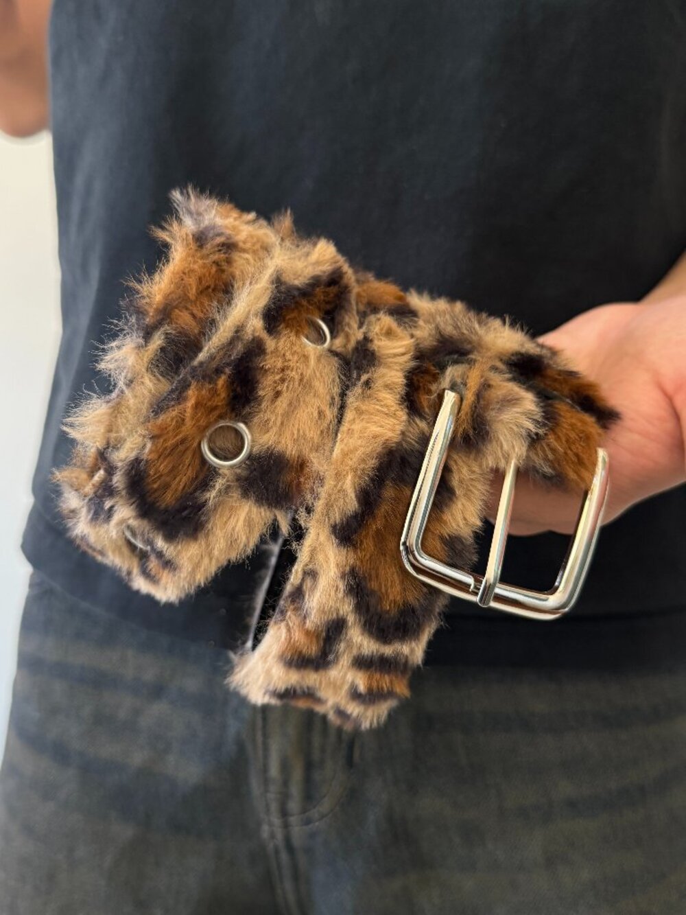 Plush Leopard Faux Fur Silver Buckle Belt